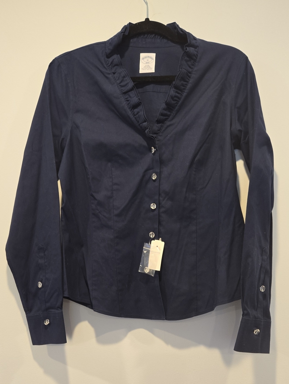 Brooks Brothers Ruffle Collar Button Down Shirt Navy Women's 10 Business Casual